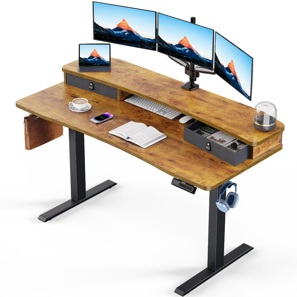 HUANUO Electric Standing Desk with 2 Drawers, C-Clamp Mount Compatible, Height Adjustable Computer Desk, Home Office Stand Up Desk with 4 Preset Heights & 2 Hooks