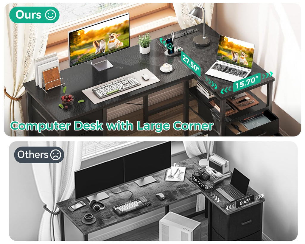 Coleshome L Shaped Computer Desk with 6 Drawers & Power Outlet, Corner Desk with Reversible Storage Shelf & File Drawer, Home Office Desk
