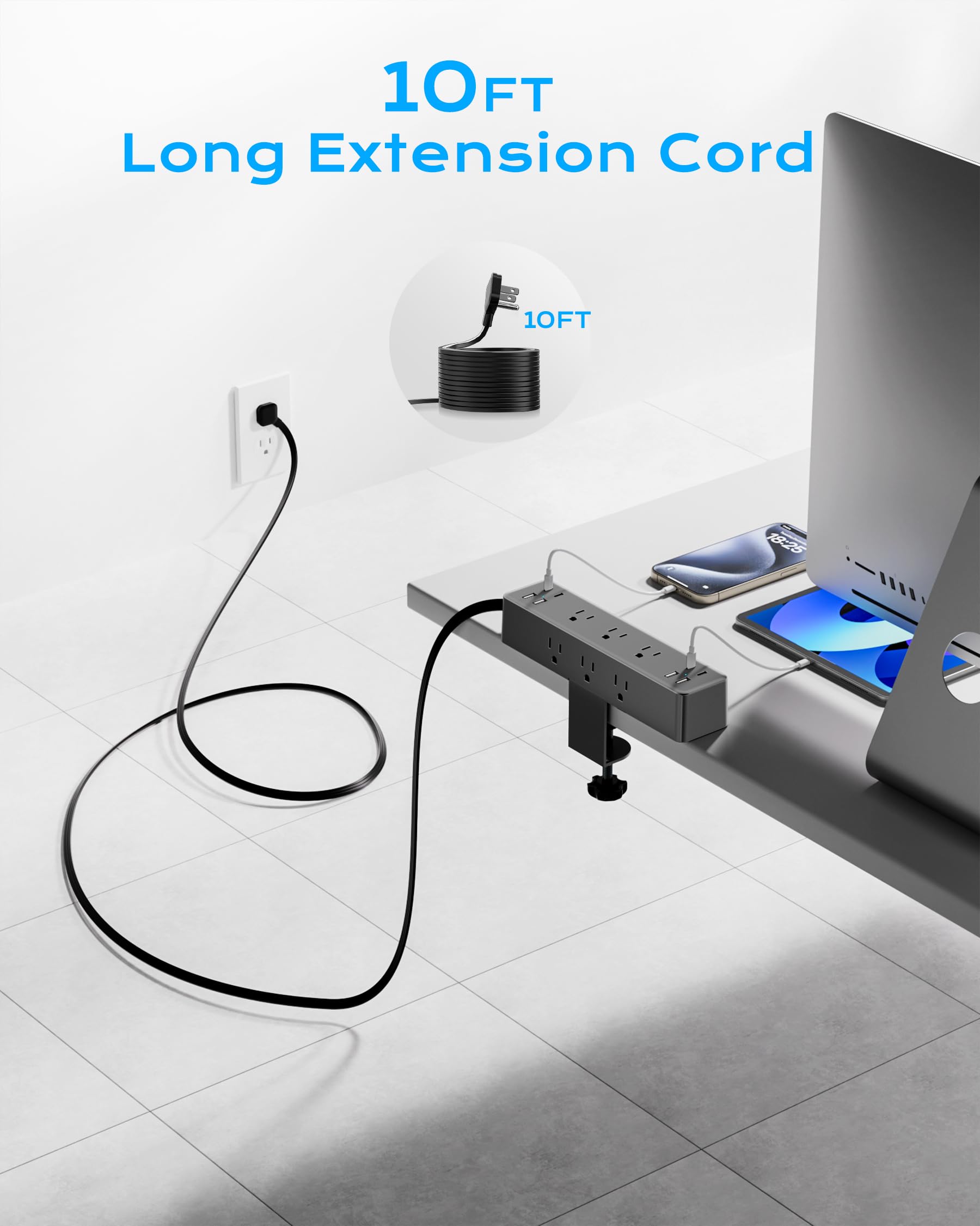 ACOZVIN Desk Clamp Power Strip with 40W USB Charging