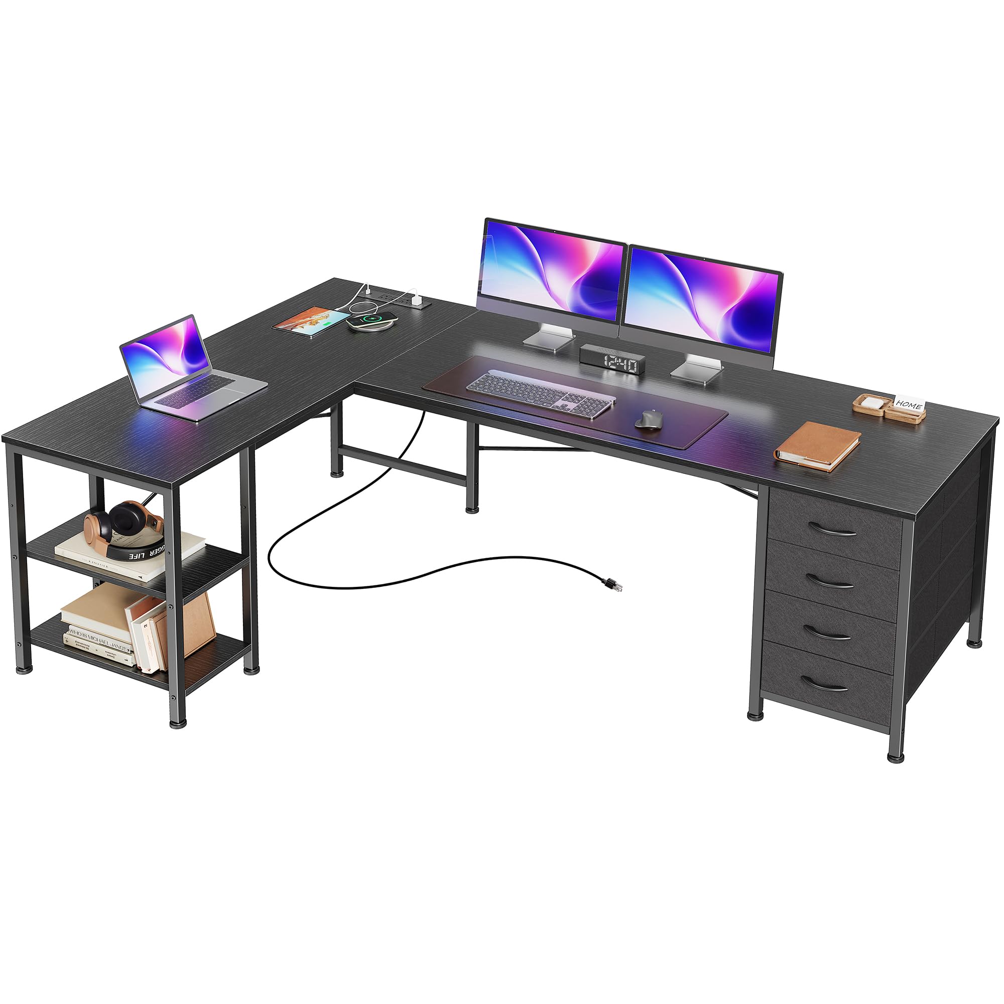 Huuger L Shaped Desk with Drawers, Reversible Computer Desk with Power Outlets and USB-C Port, Adjustable Side Storage Shelves