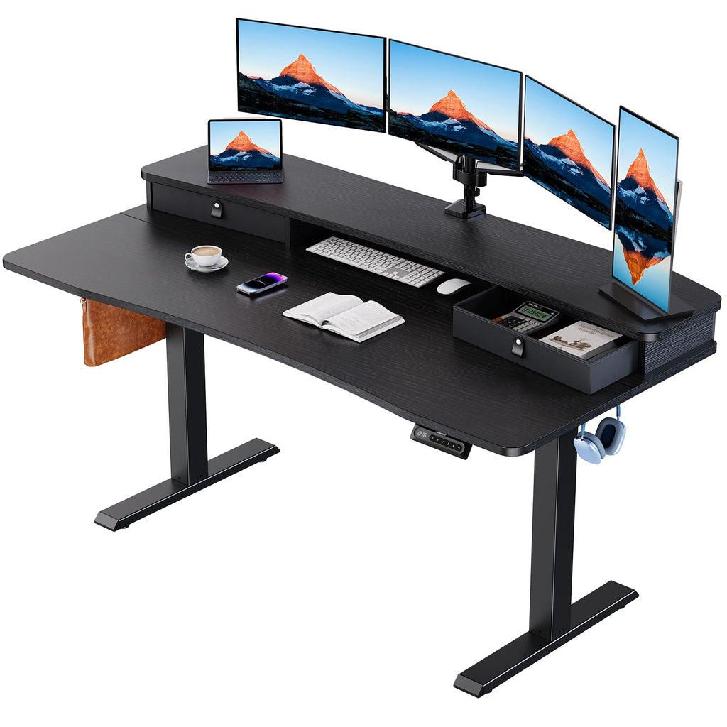 HUANUO Electric Standing Desk with 2 Drawers, C-Clamp Mount Compatible, Height Adjustable Computer Desk, Home Office Stand Up Desk with 4 Preset Heights & 2 Hooks