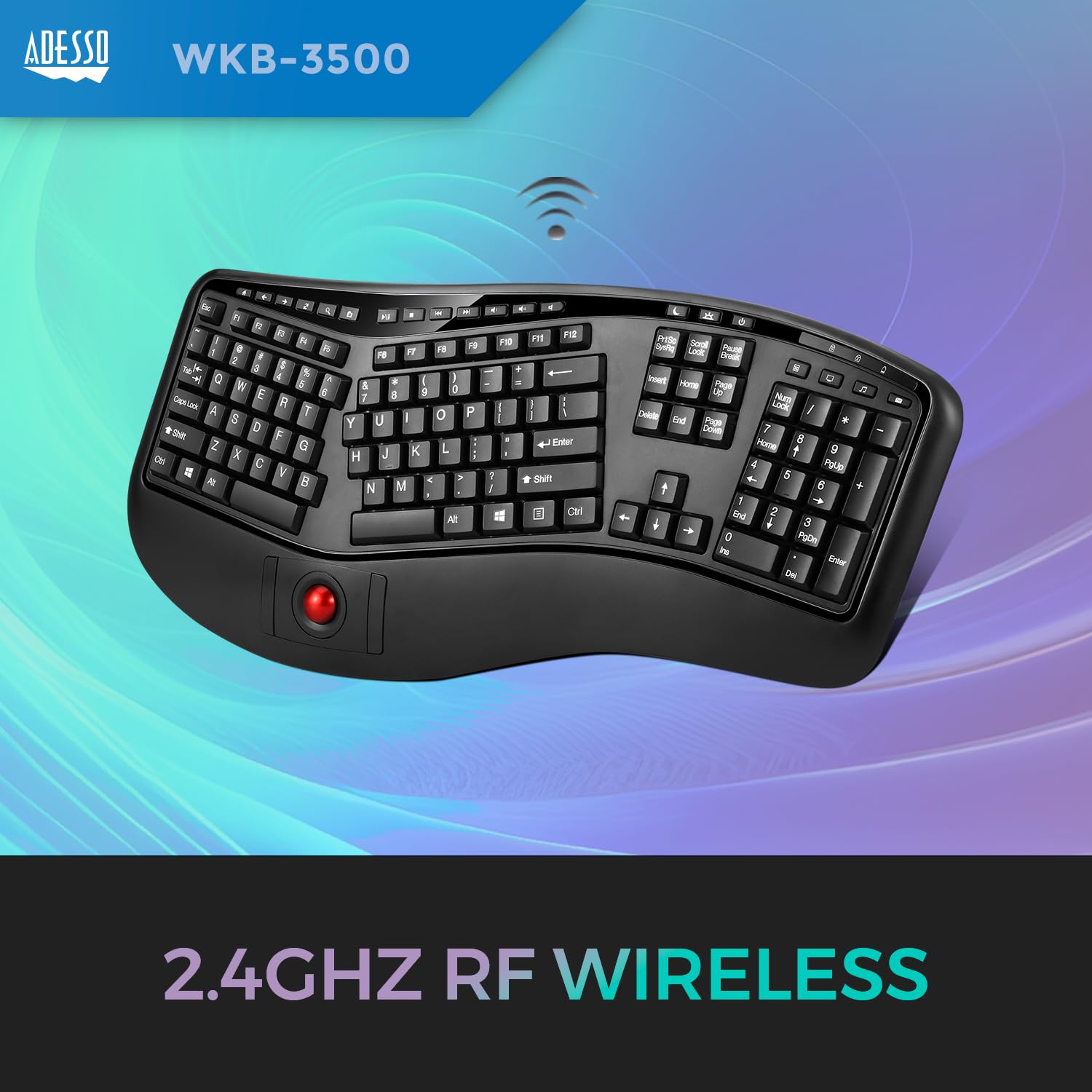 Adesso 2 in 1 Wireless Ergonomic Keyboard, WKB-3500UB, Black