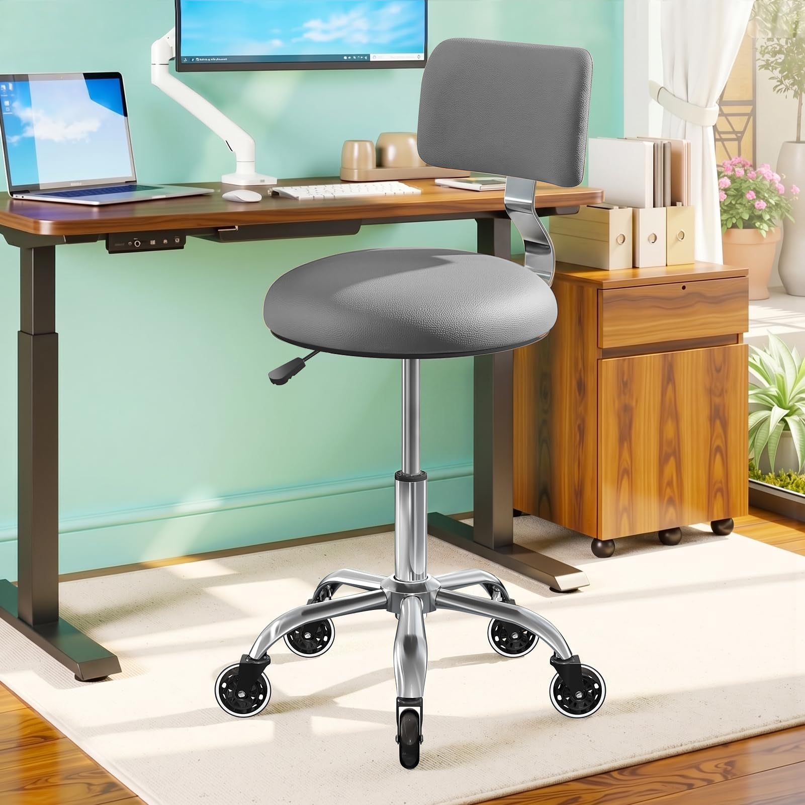 FREEKYROCK Leather Rolling Stool with Wheels