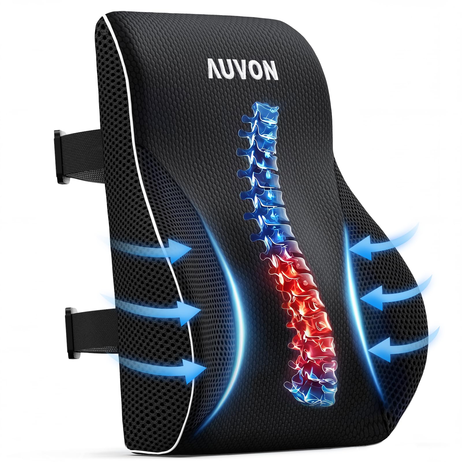 AUVON Lumbar Support Pillow for Office Chair with Patented Bulge for Lower Back Support, Ergonomic Office Home Essentials Improve Posture, Memory Foam Chair Cushion with Straps for Home, Office, Car