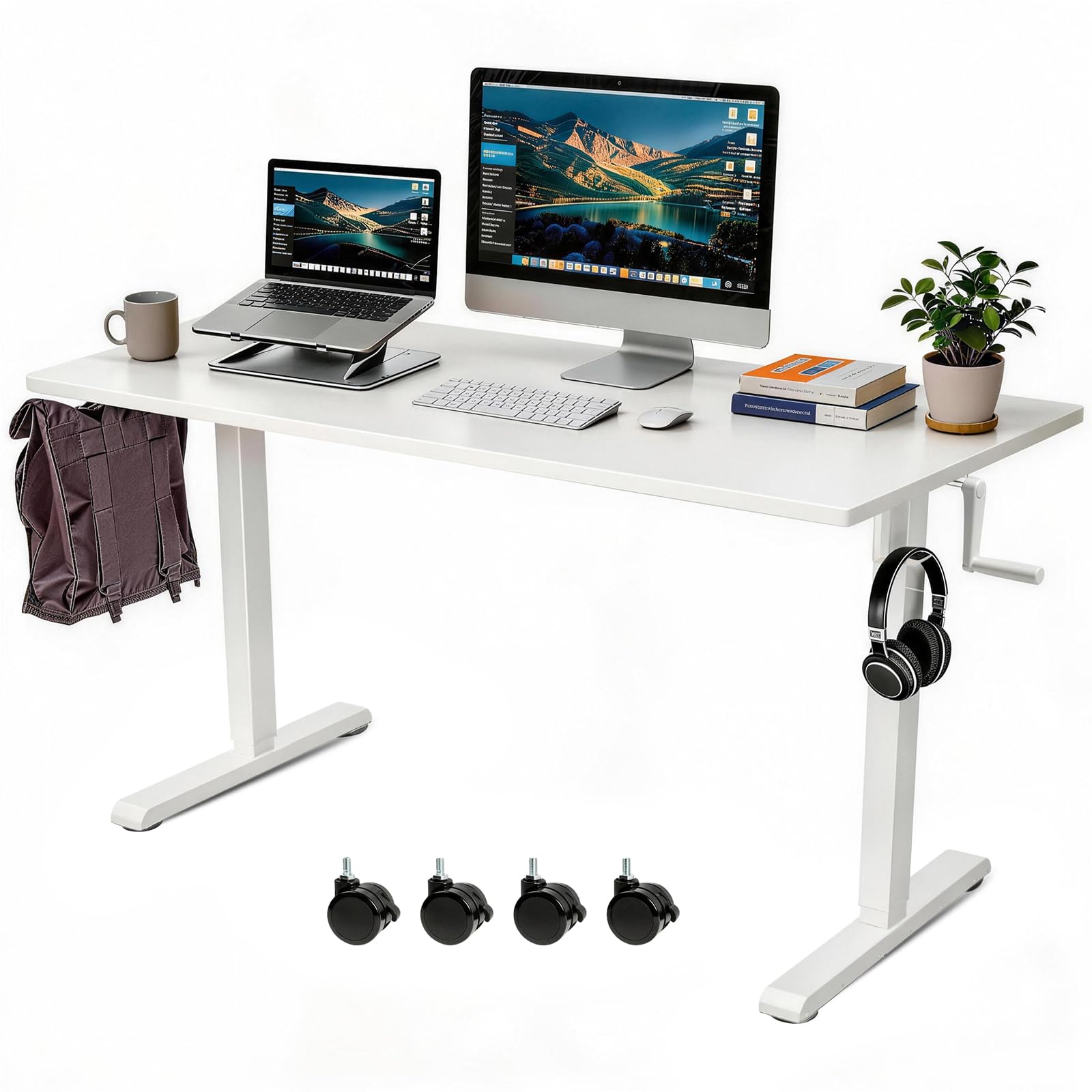 Whole Piece Manual Standing Desk Adjustable Height with Lockable Casters- Hand Crank Stand up Desk with Wheels, Mobile Sit to Stand Workstation with Handle