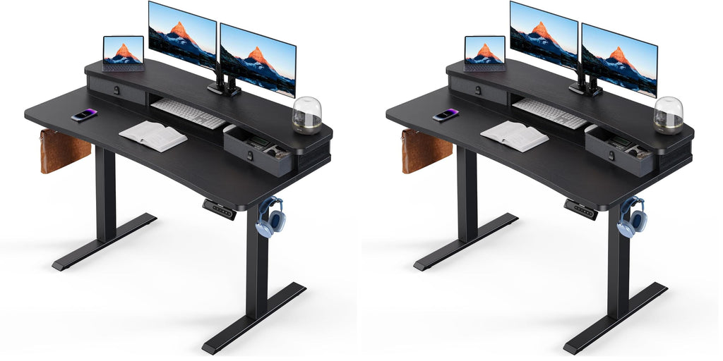 HUANUO Electric Standing Desk with 2 Drawers, C-Clamp Mount Compatible, Height Adjustable Computer Desk, Home Office Stand Up Desk with 4 Preset Heights & 2 Hooks