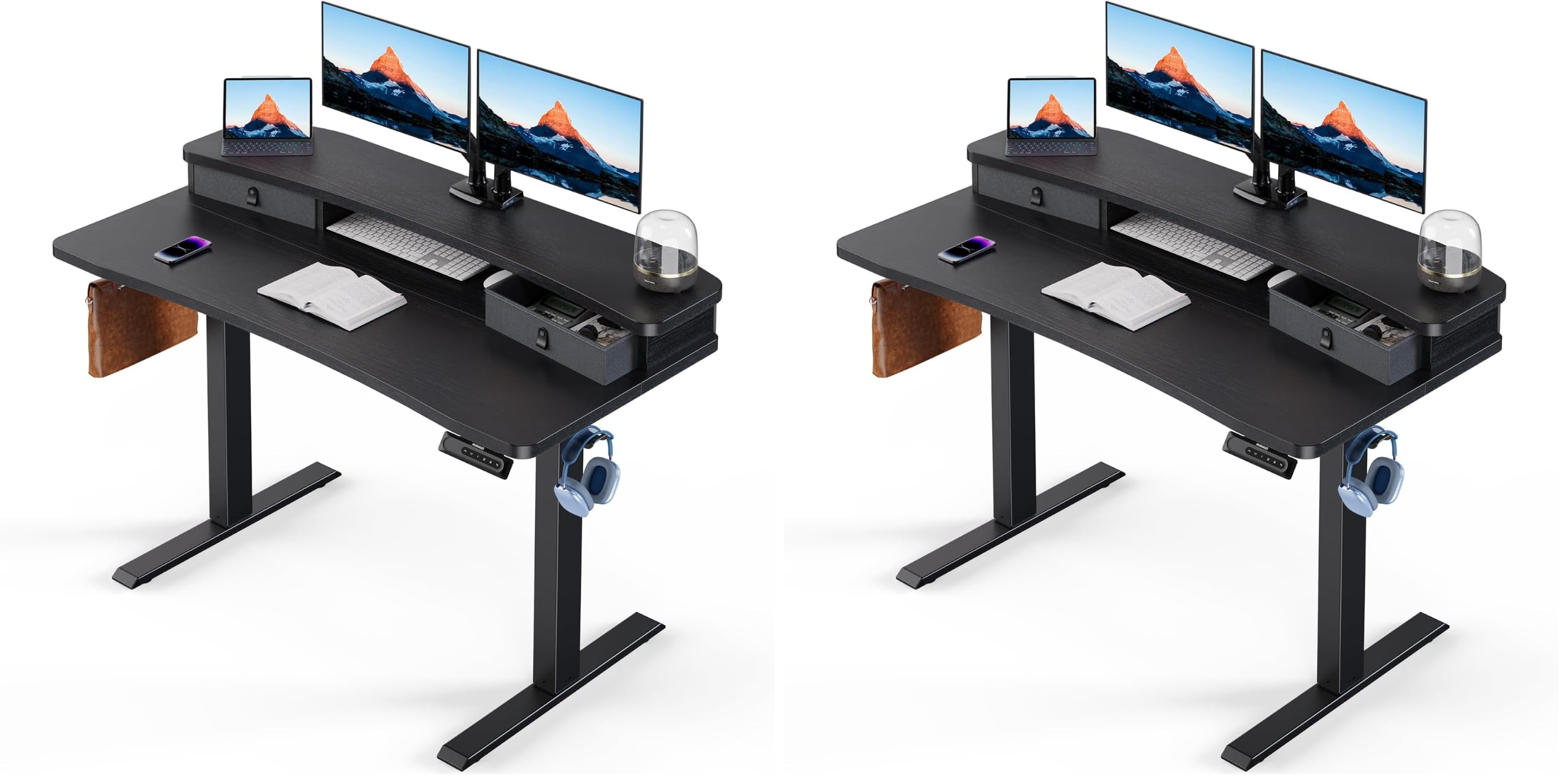 HUANUO Electric Standing Desk with 2 Drawers, C-Clamp Mount Compatible, Height Adjustable Computer Desk, Home Office Stand Up Desk with 4 Preset Heights & 2 Hooks