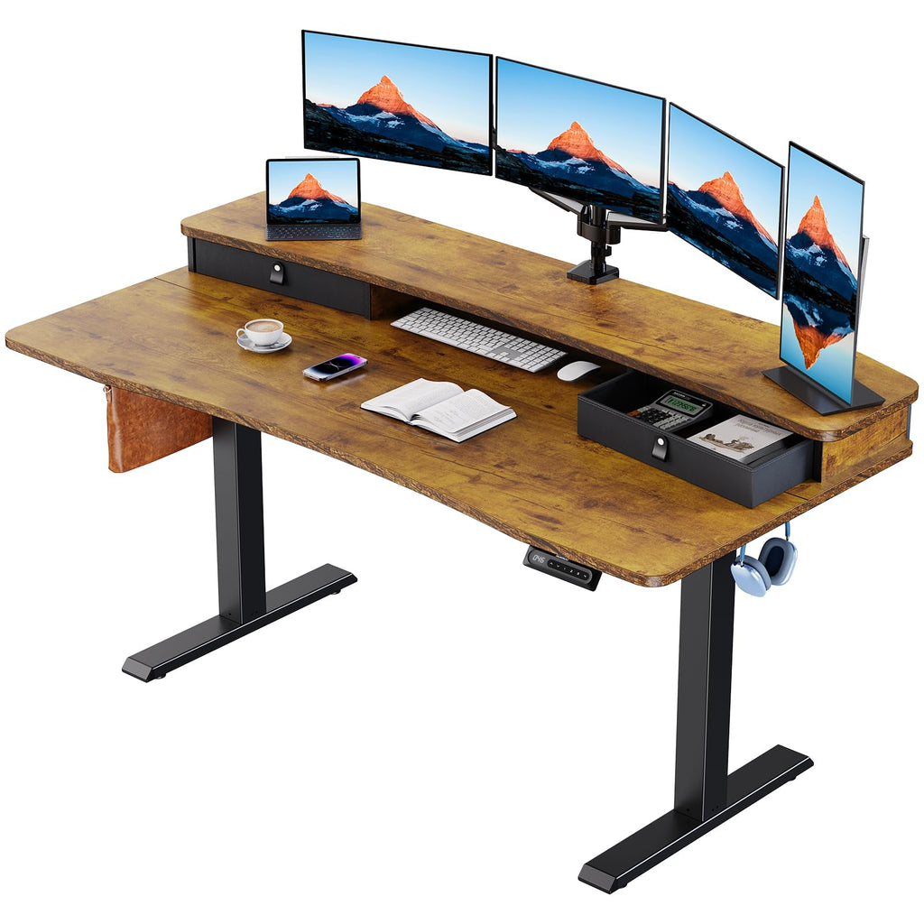 HUANUO Electric Standing Desk with 2 Drawers, C-Clamp Mount Compatible, Height Adjustable Computer Desk, Home Office Stand Up Desk with 4 Preset Heights & 2 Hooks