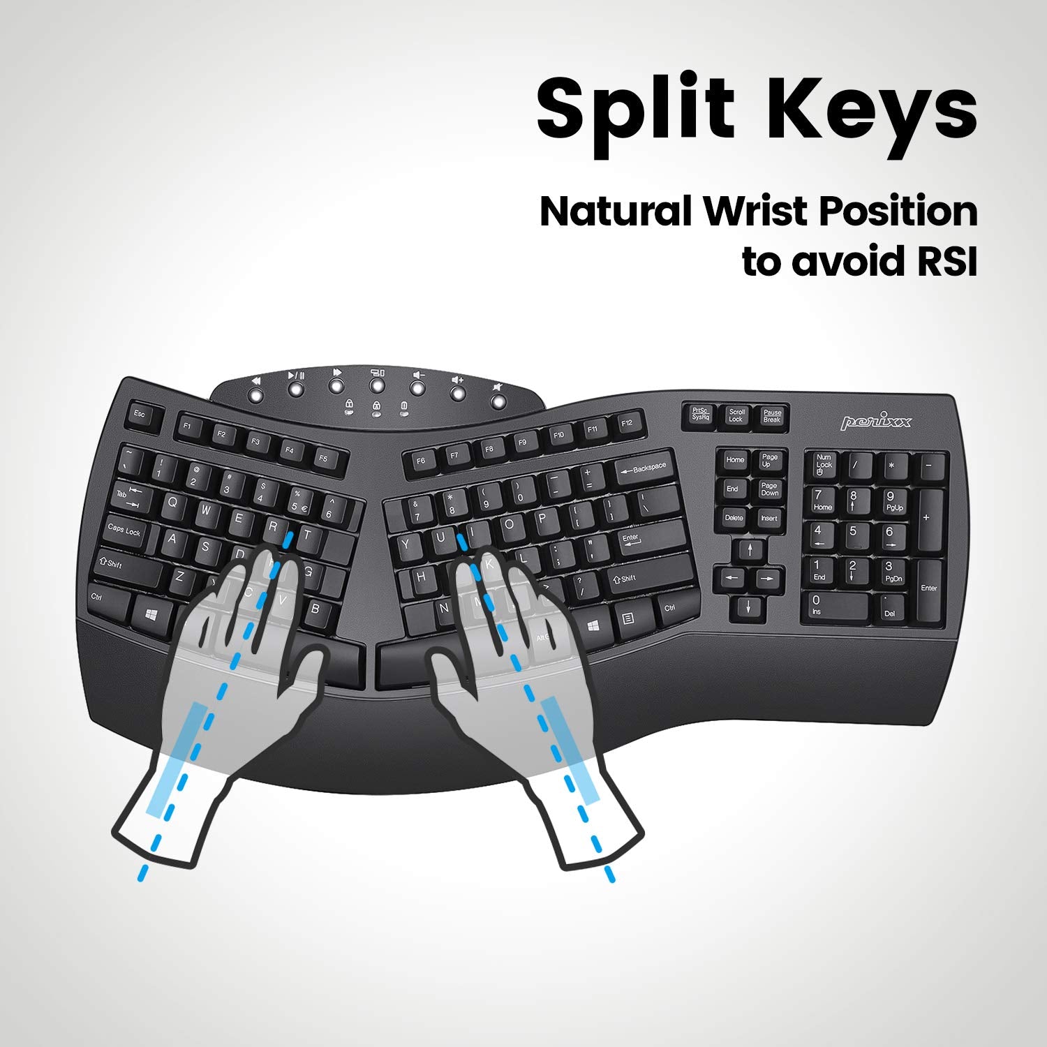 Perixx PERIBOARD Wired Ergonomic Keyboard - Split Keyboard, Wrist Rest, Natural Typing - Wired USB Connectivity - US English