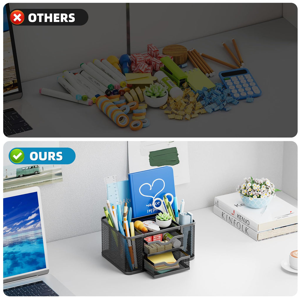 Marbrasse Mesh Pen Holder with 2 Storage Drawers