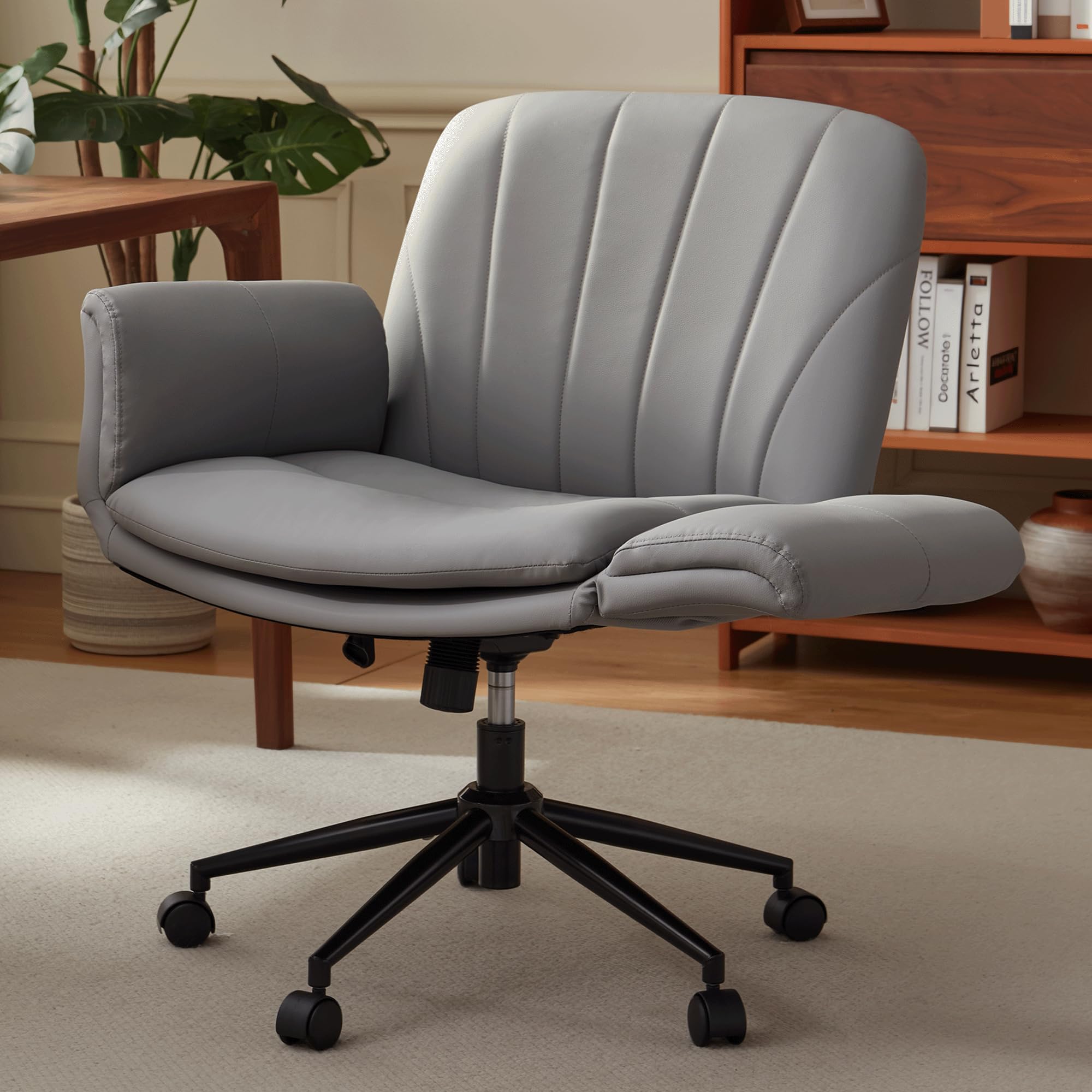 Dowinx Criss Cross Chair with Five-Level Adjustable Arms and Wheels - Comfortable Ergonomic PU Leather Swivel Vanity Chair