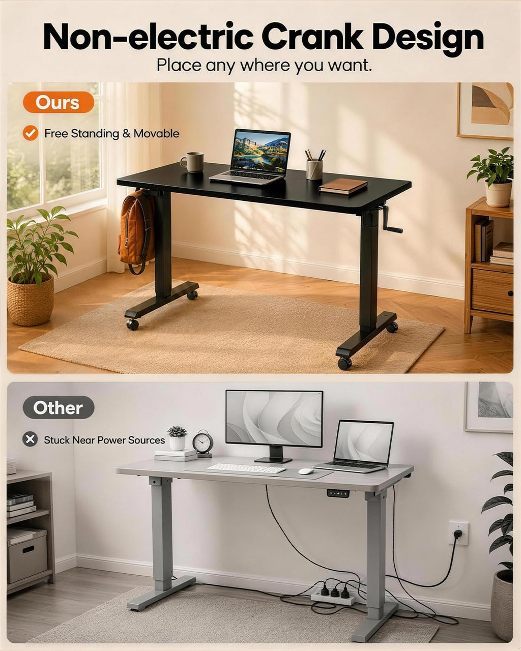 Whole Piece Manual Standing Desk Adjustable Height with Lockable Casters- Hand Crank Stand up Desk with Wheels, Mobile Sit to Stand Workstation with Handle