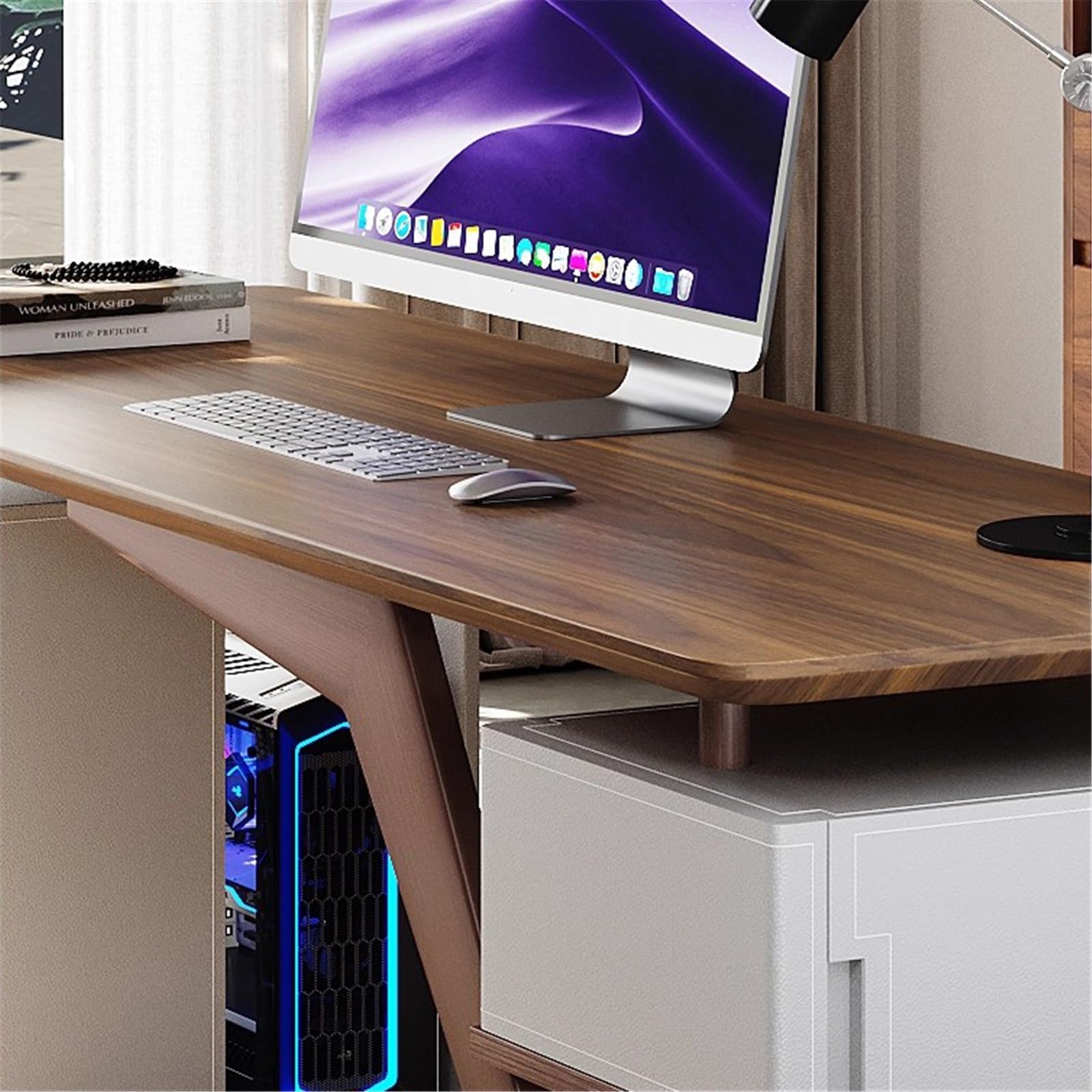 Computer Desk Modern Minimalist Laptop PC Desk with Drawers, Sturdy Home Office Workstation with Storage Cabinet, Walnut Brown Office Desk