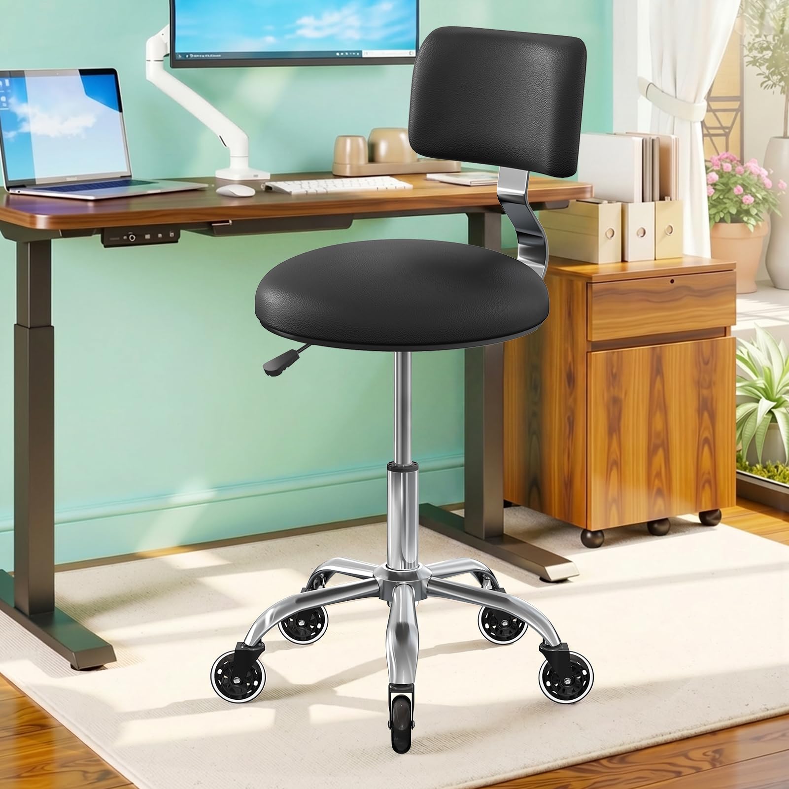 FREEKYROCK Leather Rolling Stool with Wheels