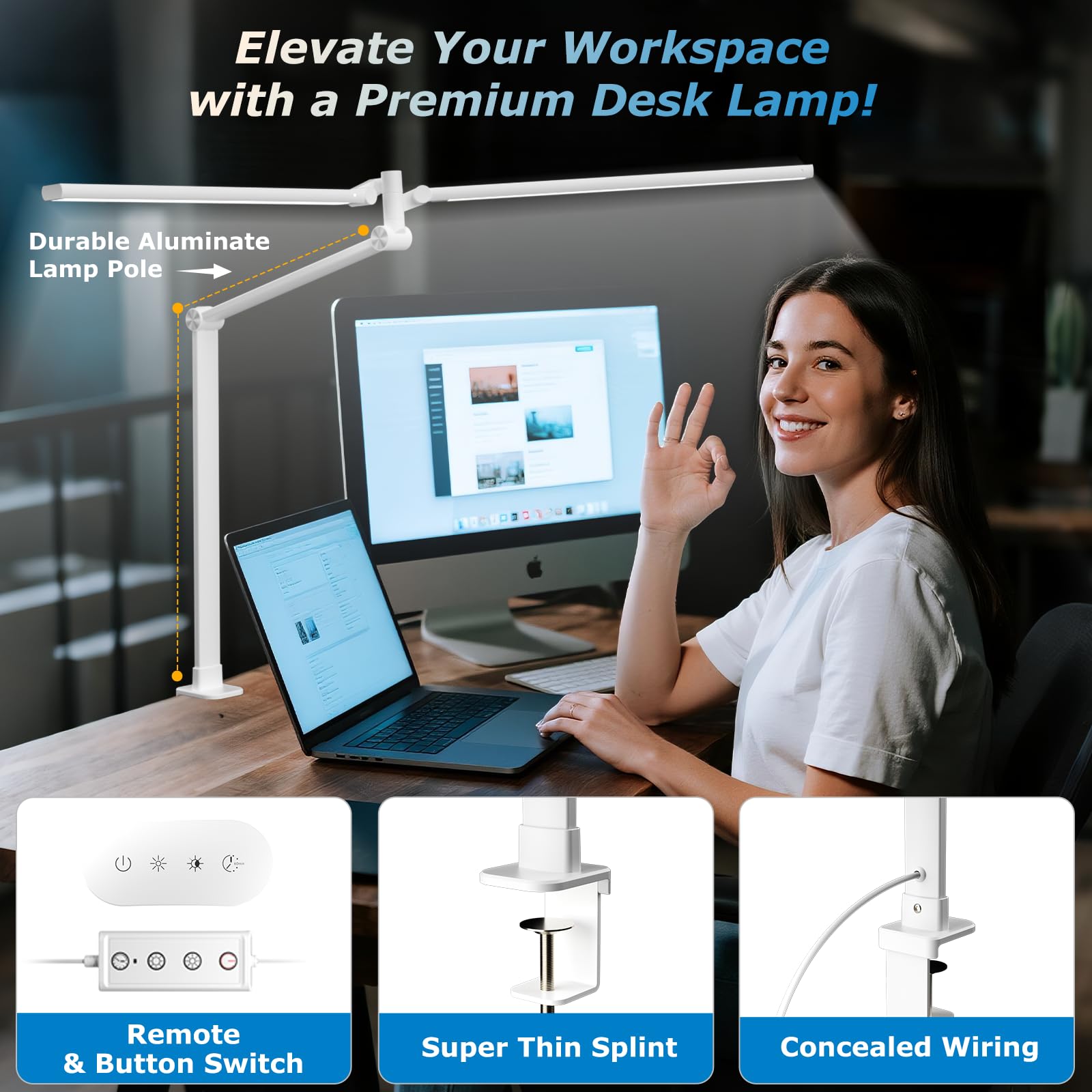 Airlonv 17-Inch Clamp LED Desk Lamp with Stepless Dimming