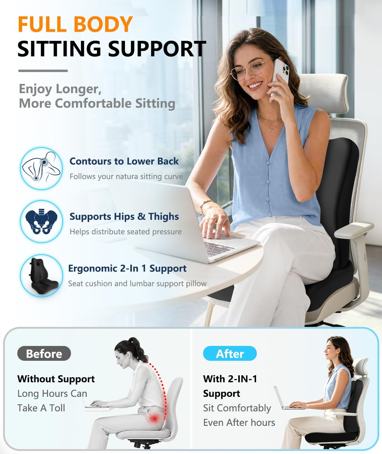 JIPORIER Memory Foam Seat Cushion ＆ Lumbar Pillow