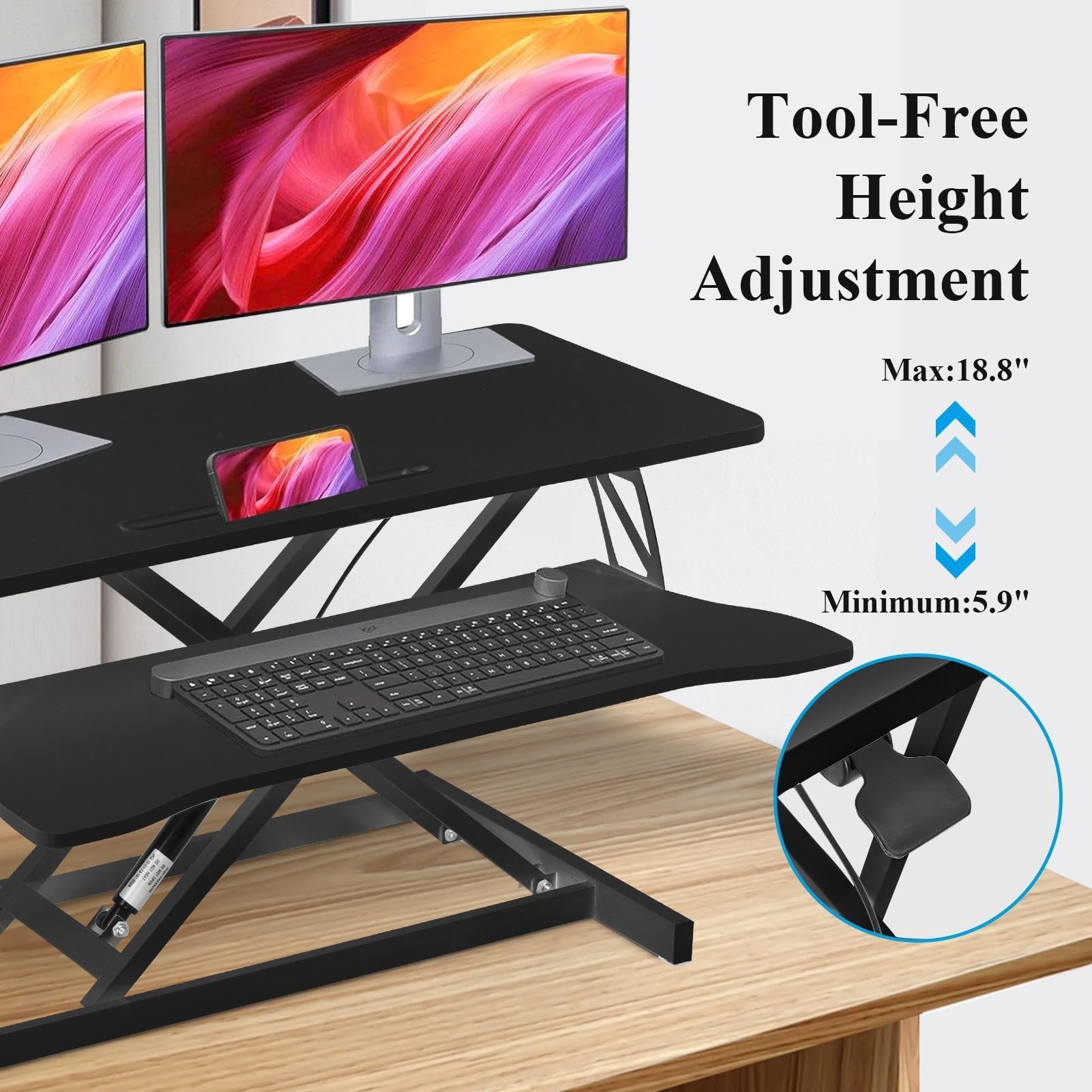37" Desk Converter, Height Adjustable Stand Up Desk Converter, 2 Monitor Standing, Sit to Stand, Quick Sit to Tabletop, Riser Workstation with Wide Keyboard Tray