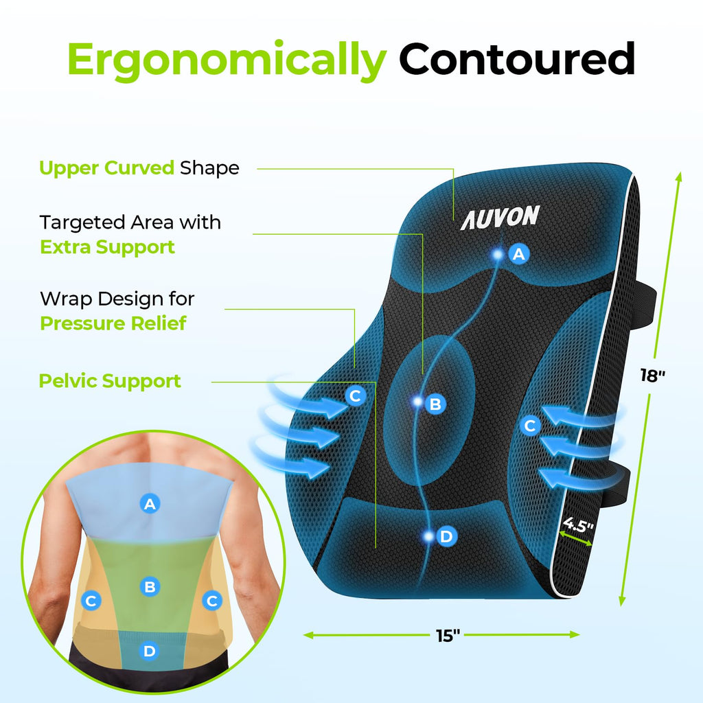 AUVON Lumbar Support Pillow for Office Chair with Patented Bulge for Lower Back Support, Ergonomic Office Home Essentials Improve Posture, Memory Foam Chair Cushion with Straps for Home, Office, Car