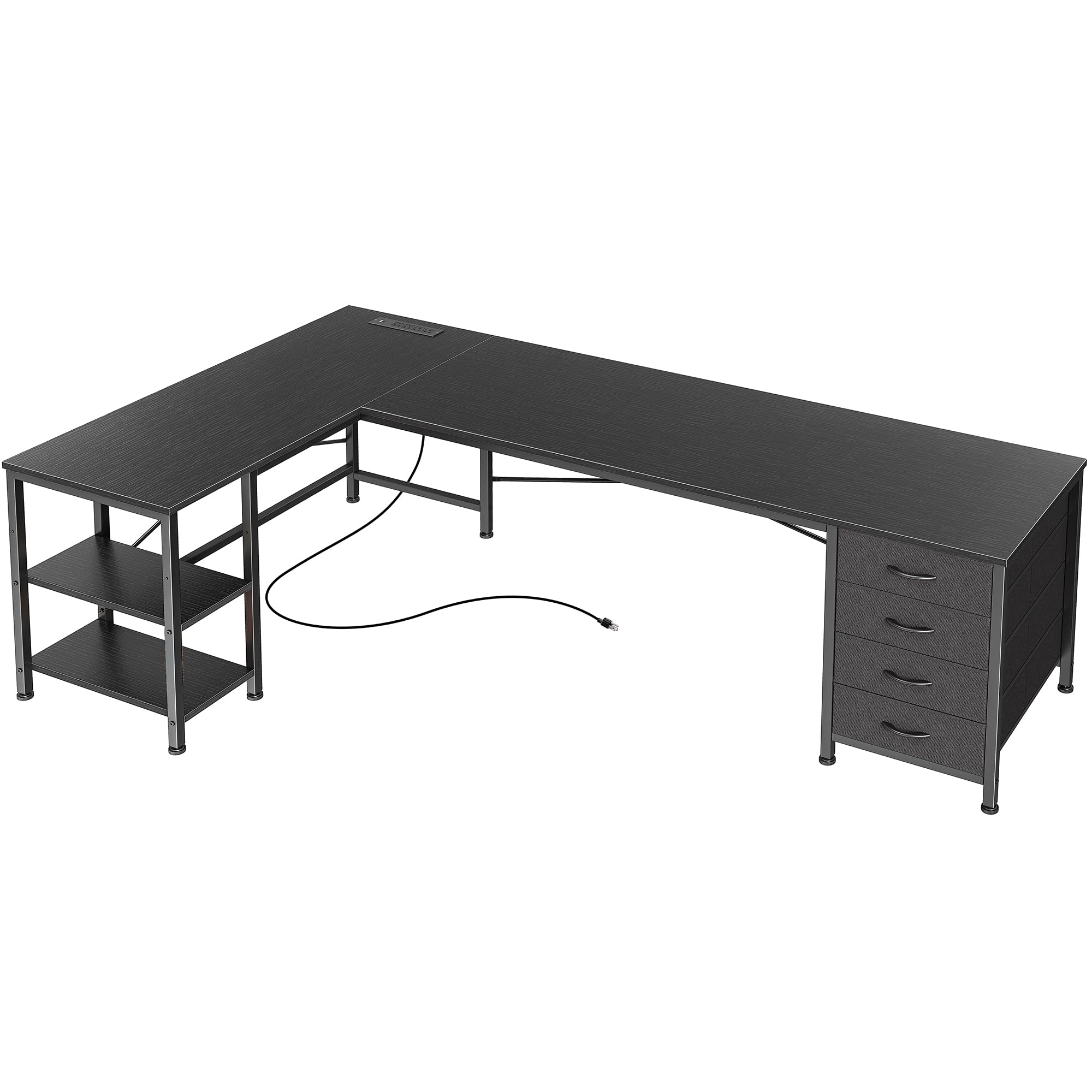 Huuger L Shaped Desk with Drawers, Reversible Computer Desk with Power Outlets and USB-C Port, Adjustable Side Storage Shelves