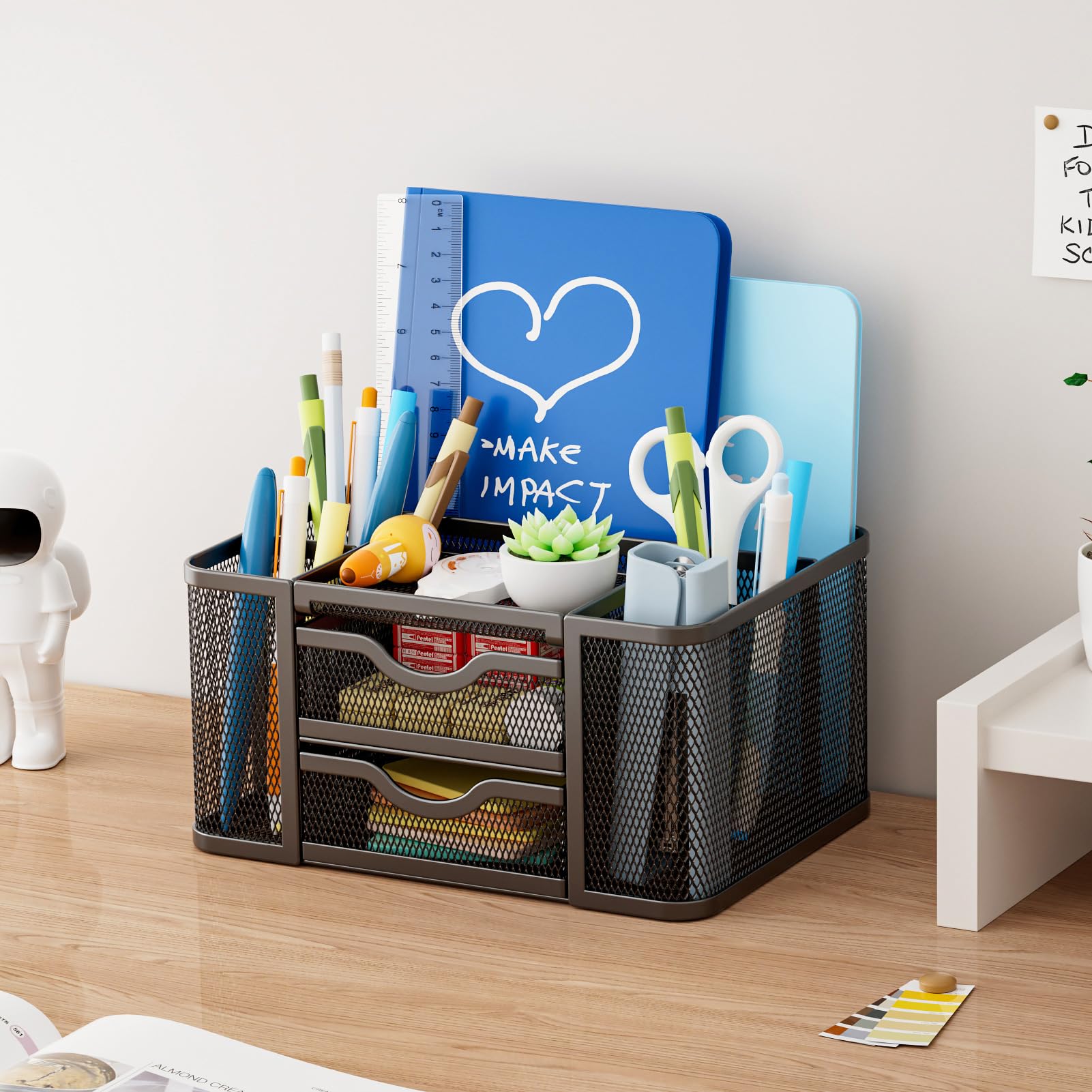 Marbrasse Mesh Pen Holder with 2 Storage Drawers