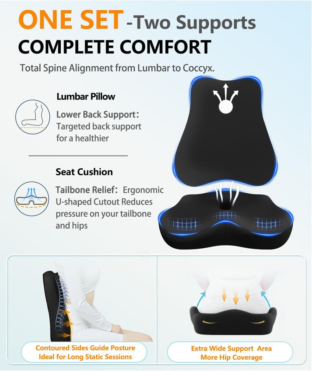 JIPORIER Memory Foam Seat Cushion ＆ Lumbar Pillow