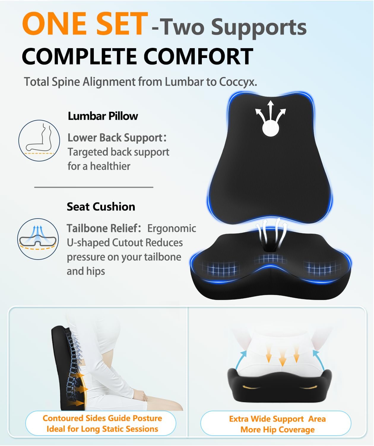 JIPORIER Memory Foam Seat Cushion ＆ Lumbar Pillow