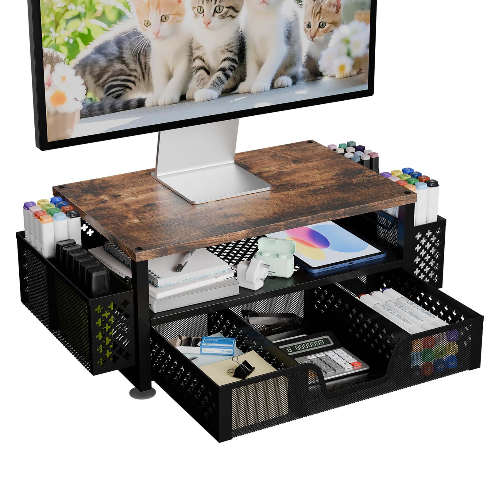 Simple Trending Metal Monitor Stand Riser and Computer Desk Organizer with Drawer for Laptop, Computer, iMac