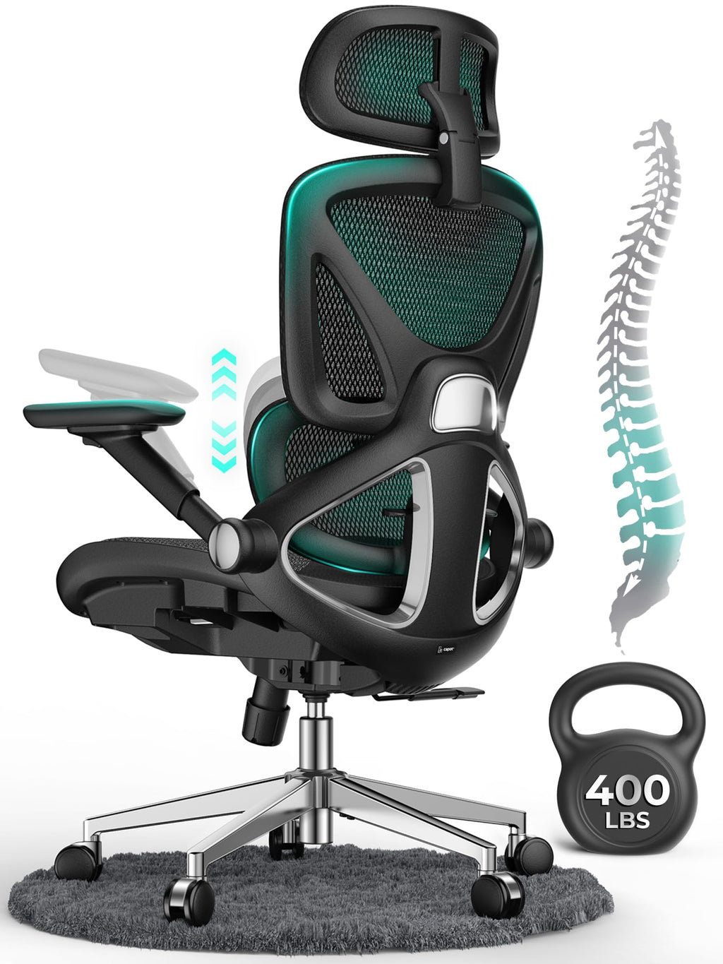 CAPOT Ergonomic Mesh Office Chair, Adjustable Lumbar High Back Desk Chair 400lbs, 4D Flip-up Arms, 3 Tilt Backrest, 3D Headrest, PU Wheels, Swivel Rolling Computer Seating for Long Desk Work