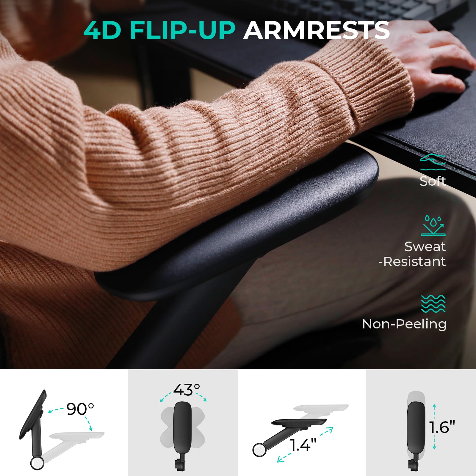 CAPOT Ergonomic Mesh Office Chair, Adjustable Lumbar High Back Desk Chair 400lbs, 4D Flip-up Arms, 3 Tilt Backrest, 3D Headrest, PU Wheels, Swivel Rolling Computer Seating for Long Desk Work