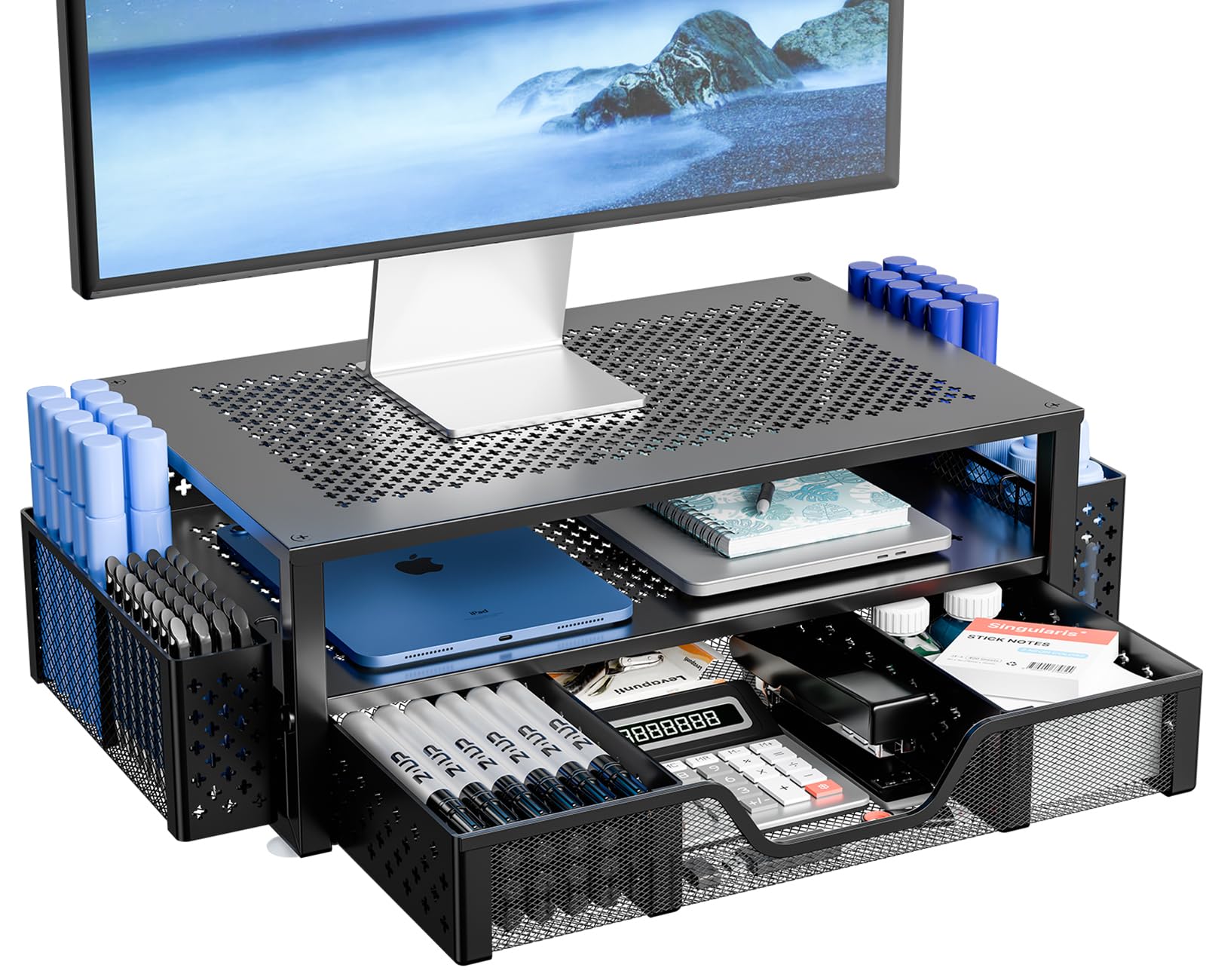 Simple Trending Metal Monitor Stand Riser and Computer Desk Organizer with Drawer for Laptop, Computer, iMac
