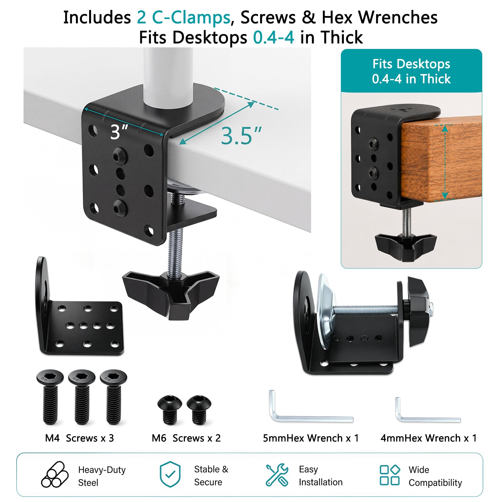 Yalikop 2 Pack Heavy Duty Desk Clamp for Monitor Mount Universal Desk Grommet Mount Adapter Black Steel Replacement C Clamp Fits 0.4-4 Inch Thick, Compatible with Monitor Arm, Microphone Boom Arm