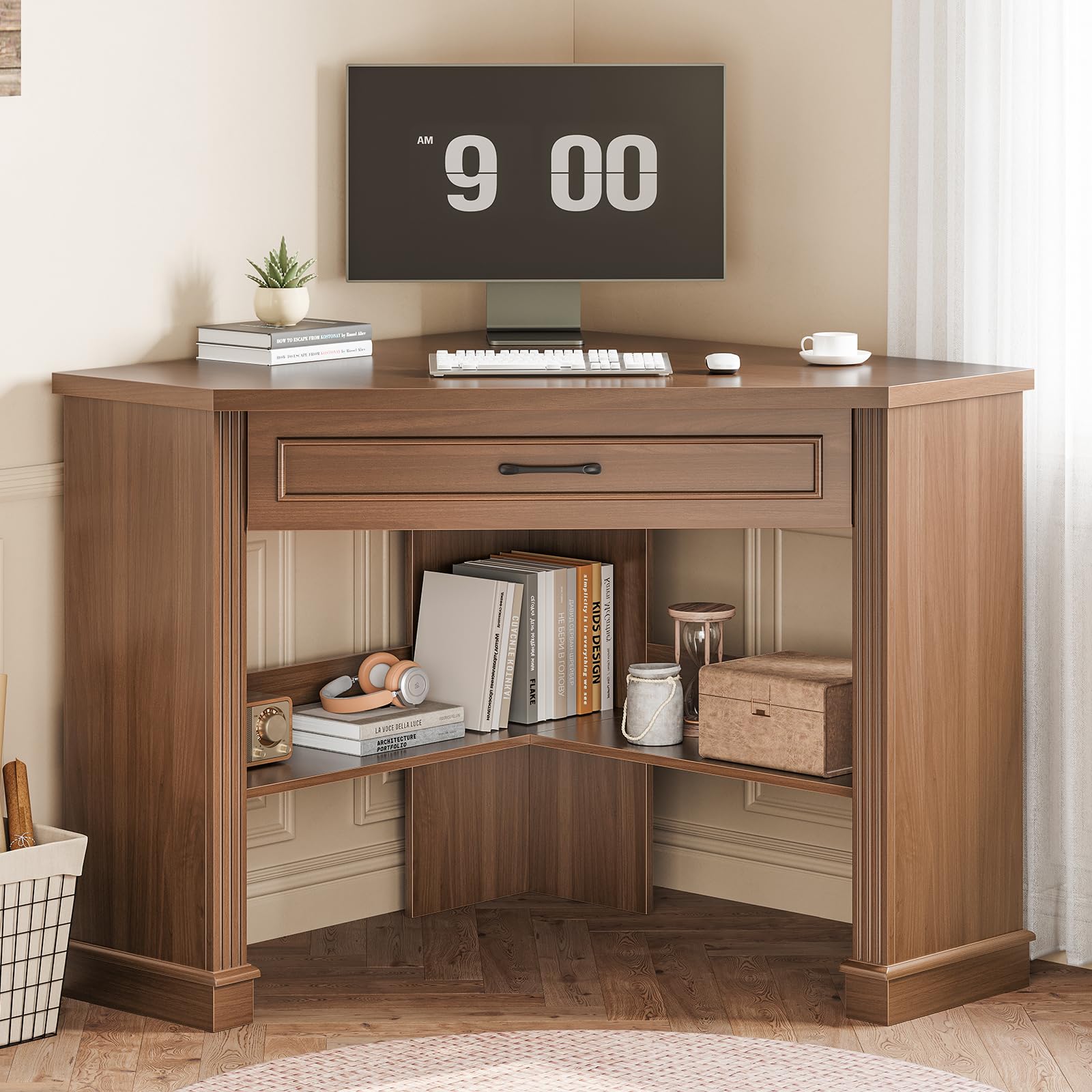 SEDETA Corner Desk for Small Space, Corner Computer Desk, Small Computer Desk with Drawers and Storage Shelves for Home Office, Living Room, Bedroom