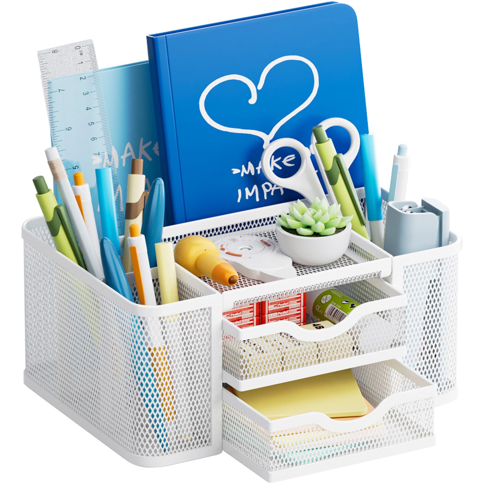 Marbrasse Mesh Pen Holder with 2 Storage Drawers