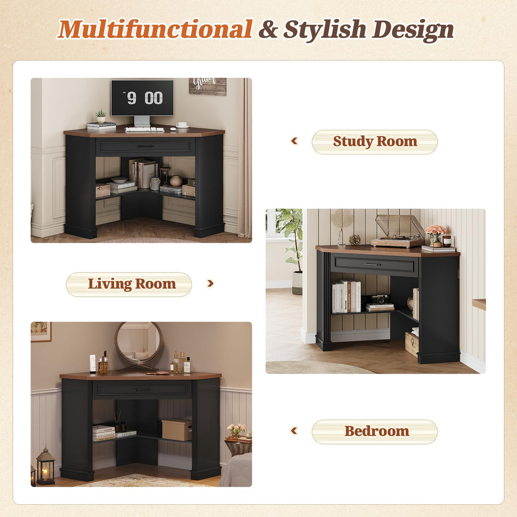 SEDETA Corner Desk for Small Space, Corner Computer Desk, Small Computer Desk with Drawers and Storage Shelves for Home Office, Living Room, Bedroom