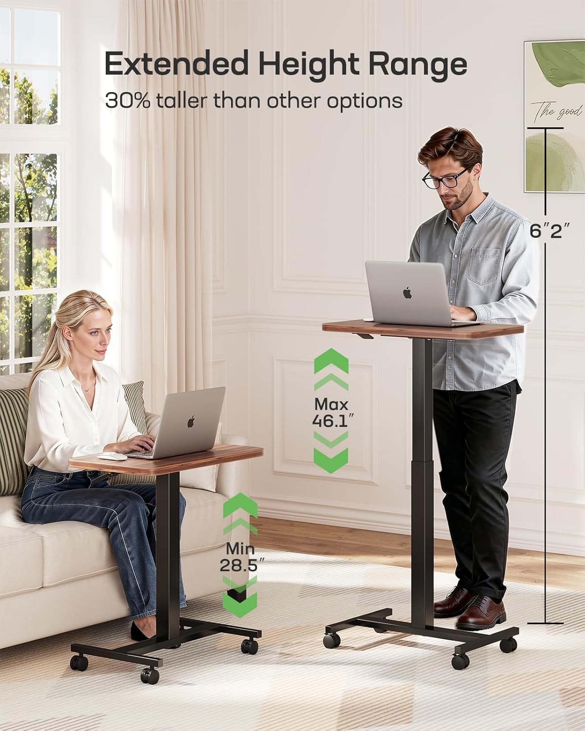 Marsail Mobile Standing Desk, Wider Height Adjustable, Rolling Sit Stand Desk with 4 Lockable Wheels, Home Office and Classroom