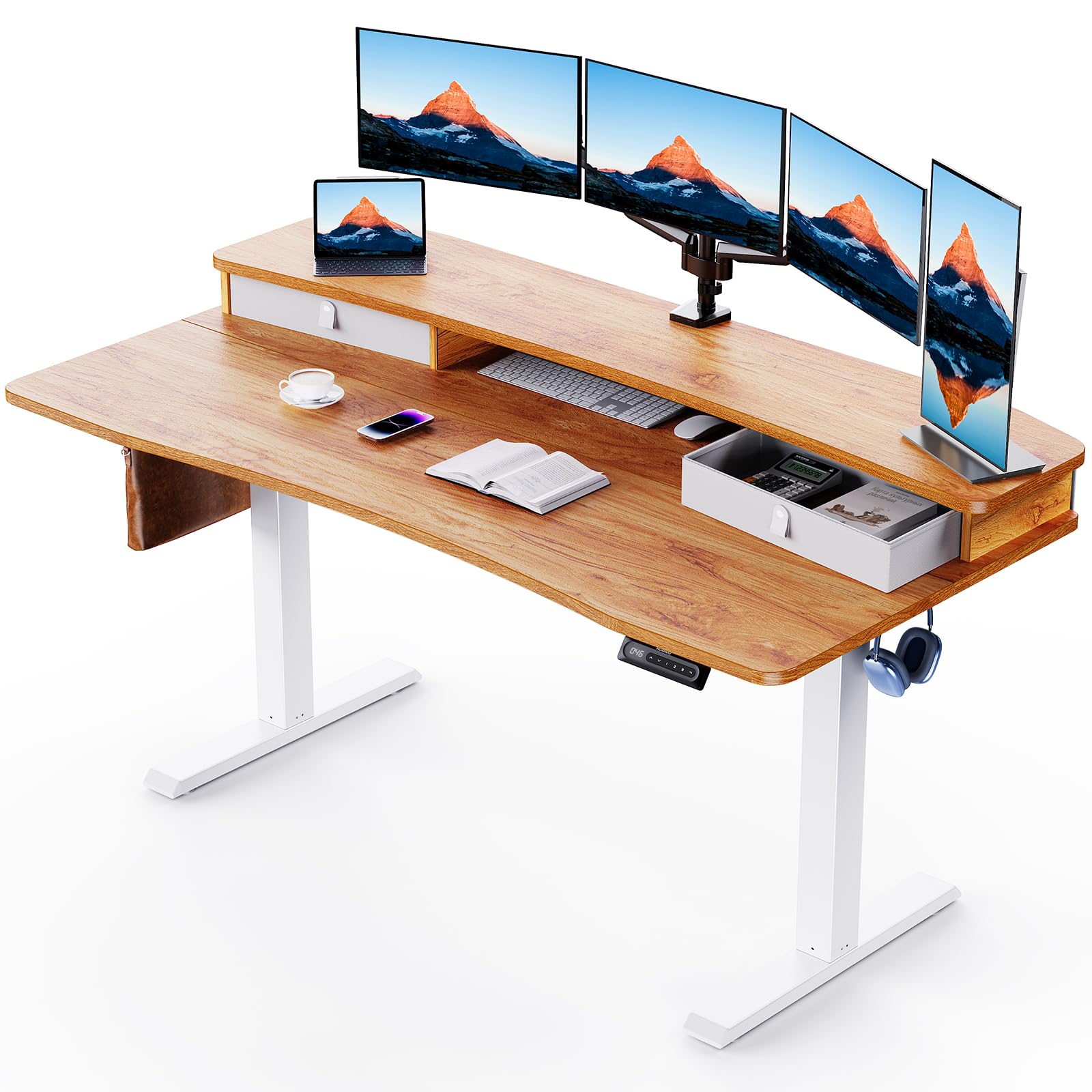 HUANUO Electric Standing Desk with 2 Drawers, C-Clamp Mount Compatible, Height Adjustable Computer Desk, Home Office Stand Up Desk with 4 Preset Heights & 2 Hooks