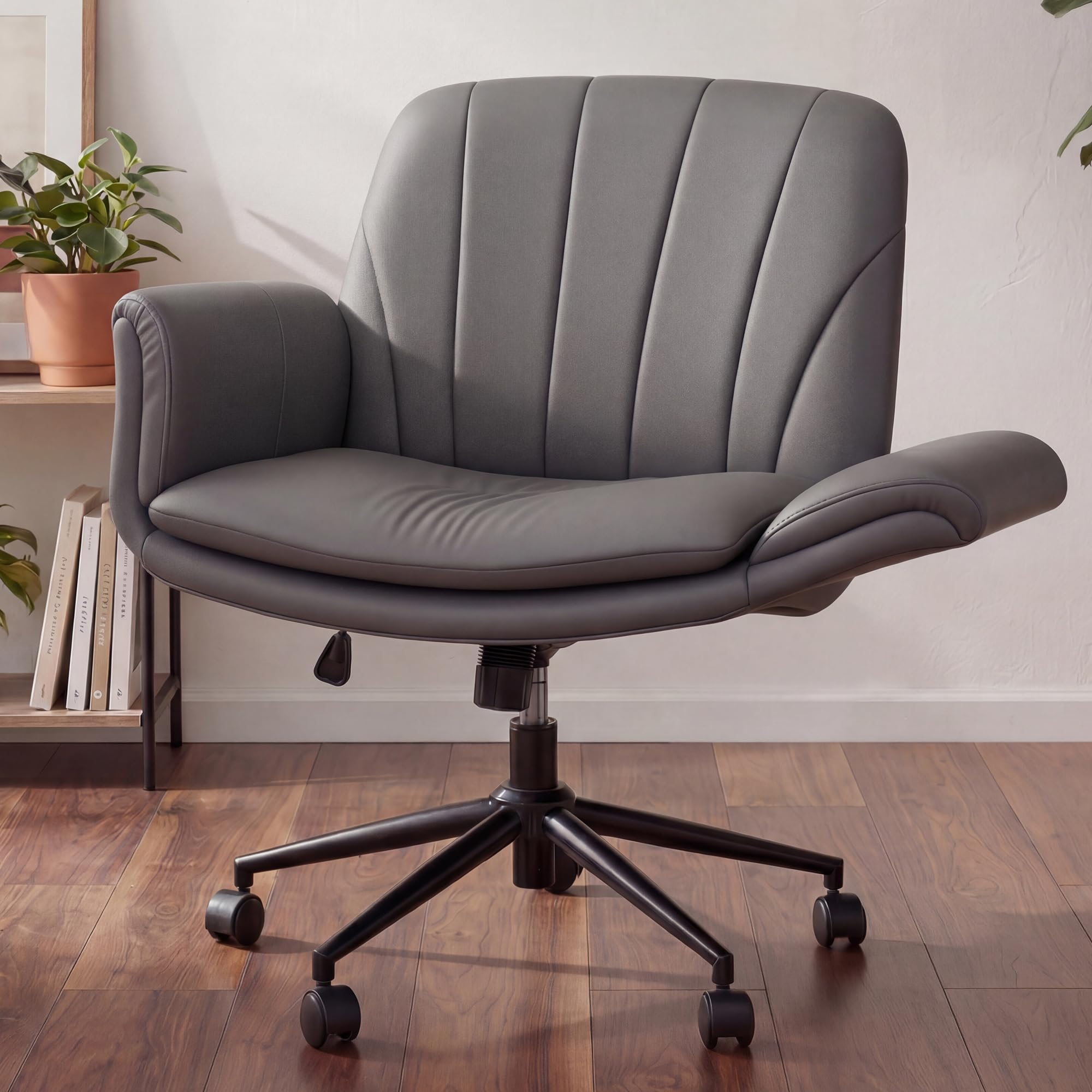 Dowinx Criss Cross Chair with Five-Level Adjustable Arms and Wheels - Comfortable Ergonomic PU Leather Swivel Vanity Chair