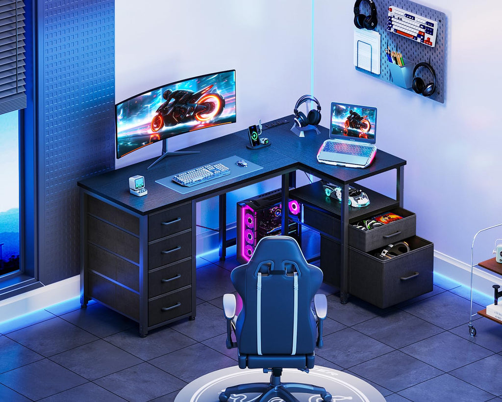 Coleshome L Shaped Computer Desk with 6 Drawers & Power Outlet, Corner Desk with Reversible Storage Shelf & File Drawer, Home Office Desk