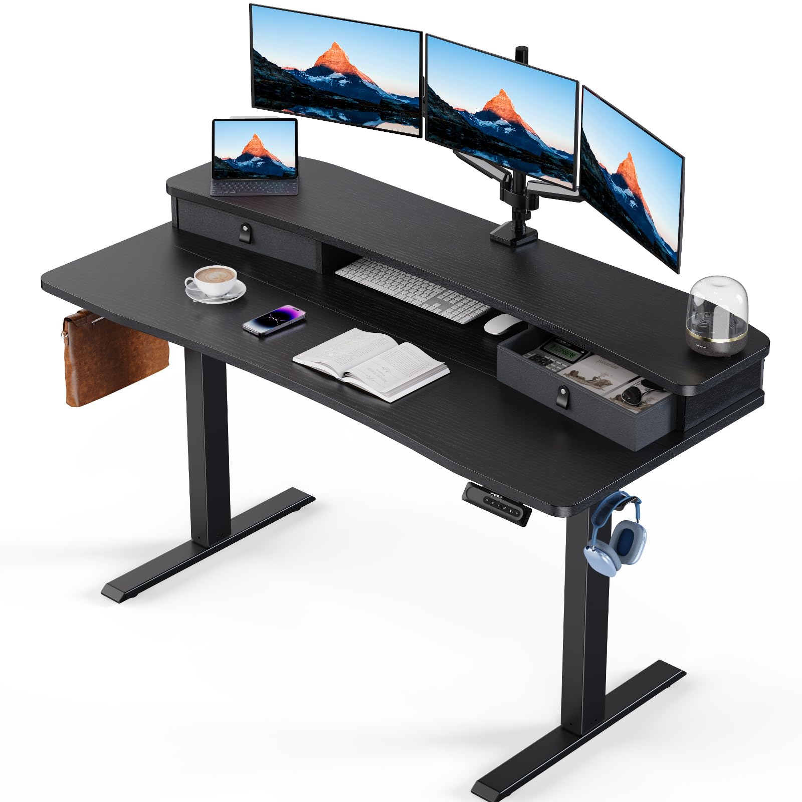 HUANUO Electric Standing Desk with 2 Drawers, C-Clamp Mount Compatible, Height Adjustable Computer Desk, Home Office Stand Up Desk with 4 Preset Heights & 2 Hooks