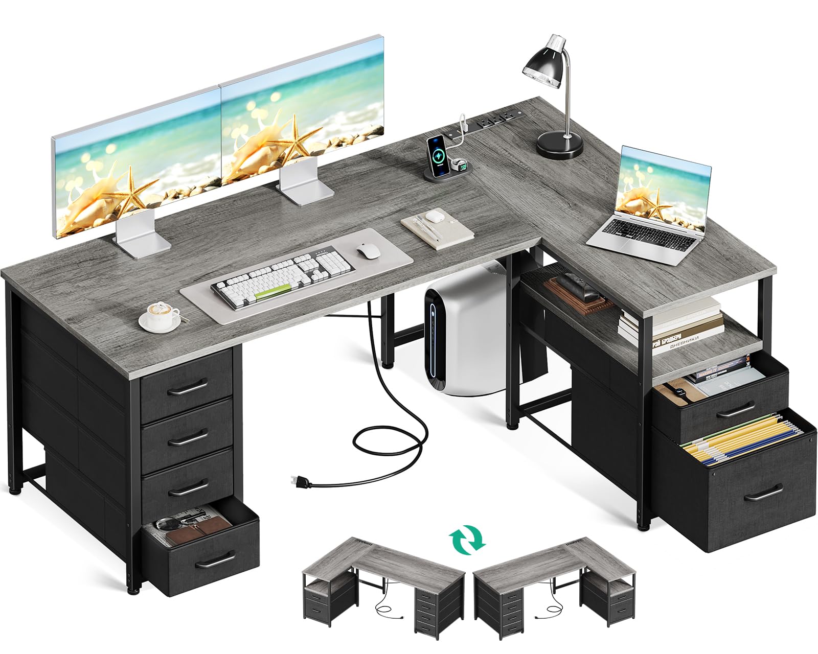 Coleshome L Shaped Computer Desk with 6 Drawers & Power Outlet, Corner Desk with Reversible Storage Shelf & File Drawer, Home Office Desk