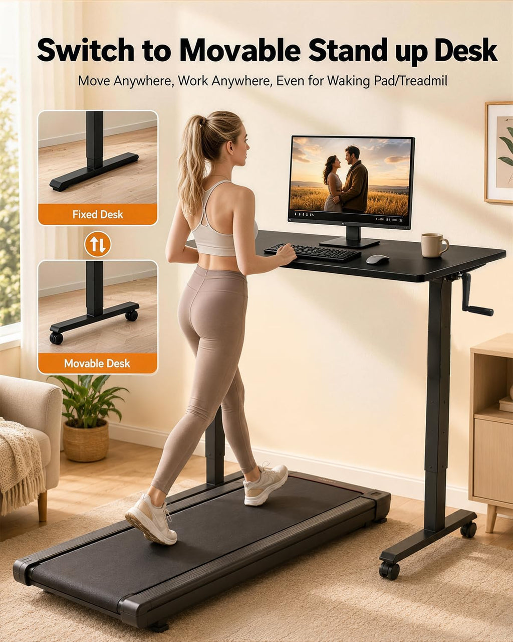 Whole Piece Manual Standing Desk Adjustable Height with Lockable Casters- Hand Crank Stand up Desk with Wheels, Mobile Sit to Stand Workstation with Handle