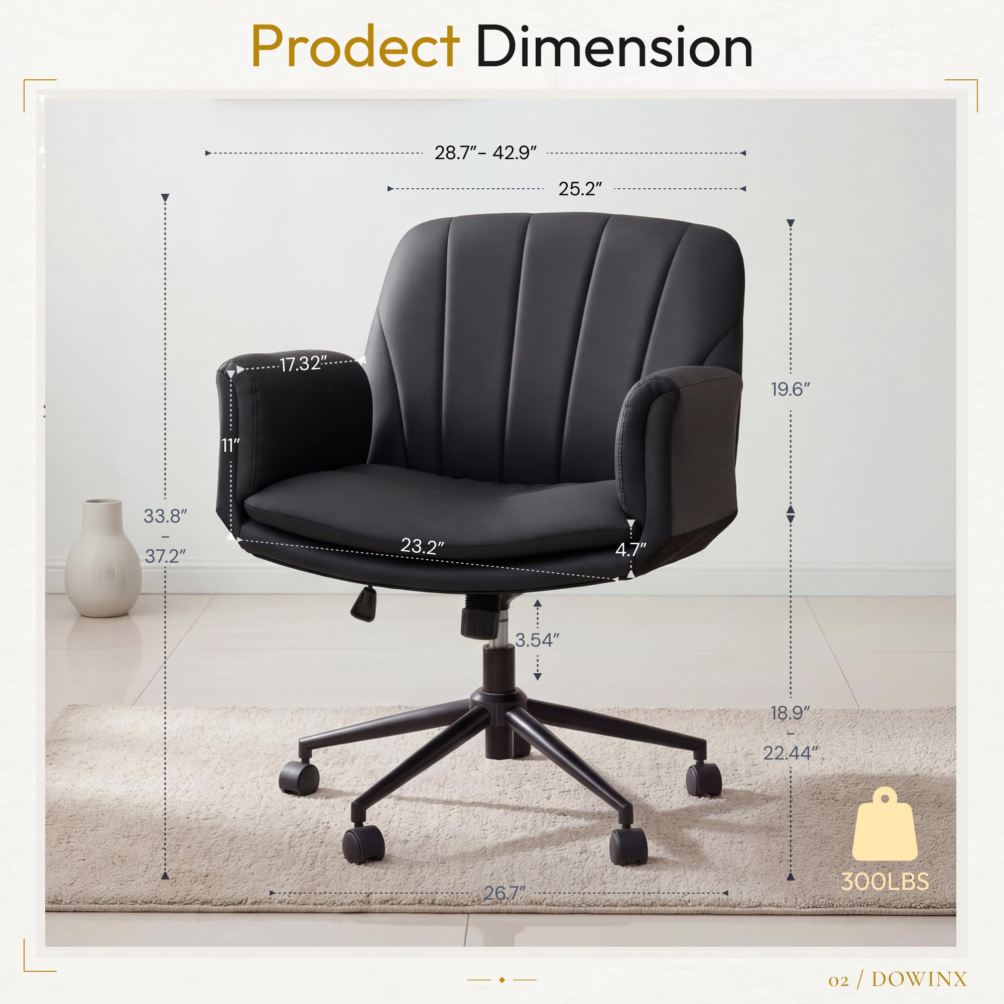 Dowinx Criss Cross Chair with Five-Level Adjustable Arms and Wheels - Comfortable Ergonomic PU Leather Swivel Vanity Chair