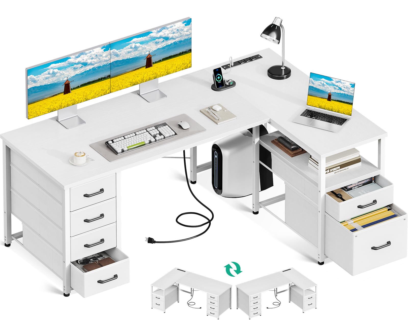 Coleshome L Shaped Computer Desk with 6 Drawers & Power Outlet, Corner Desk with Reversible Storage Shelf & File Drawer, Home Office Desk