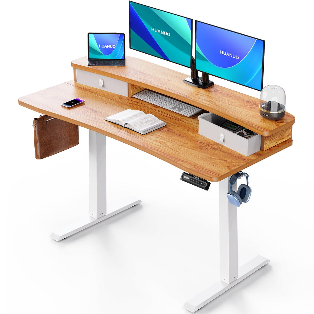 HUANUO Electric Standing Desk with 2 Drawers, C-Clamp Mount Compatible, Height Adjustable Computer Desk, Home Office Stand Up Desk with 4 Preset Heights & 2 Hooks