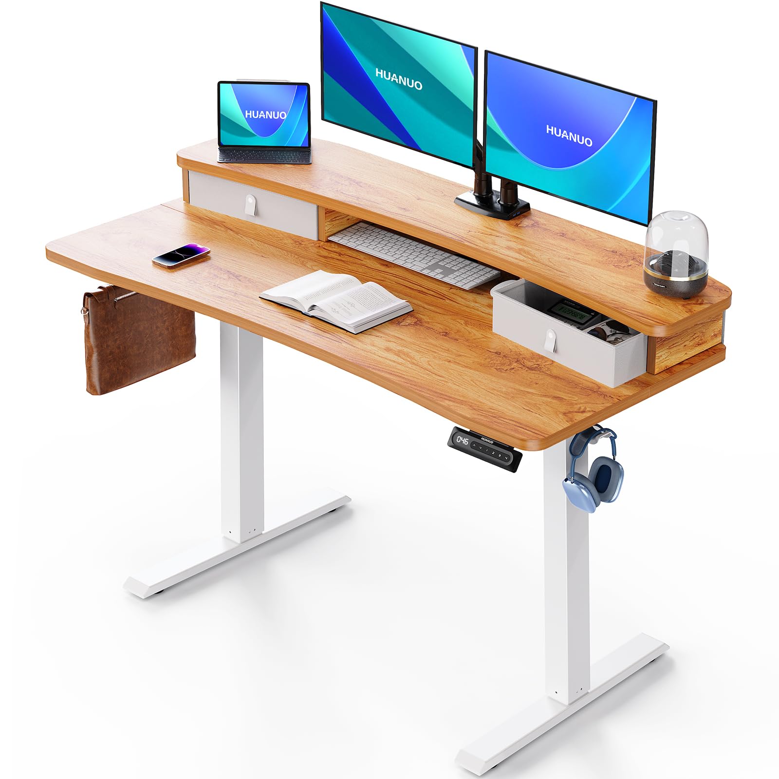 HUANUO Electric Standing Desk with 2 Drawers, C-Clamp Mount Compatible, Height Adjustable Computer Desk, Home Office Stand Up Desk with 4 Preset Heights & 2 Hooks