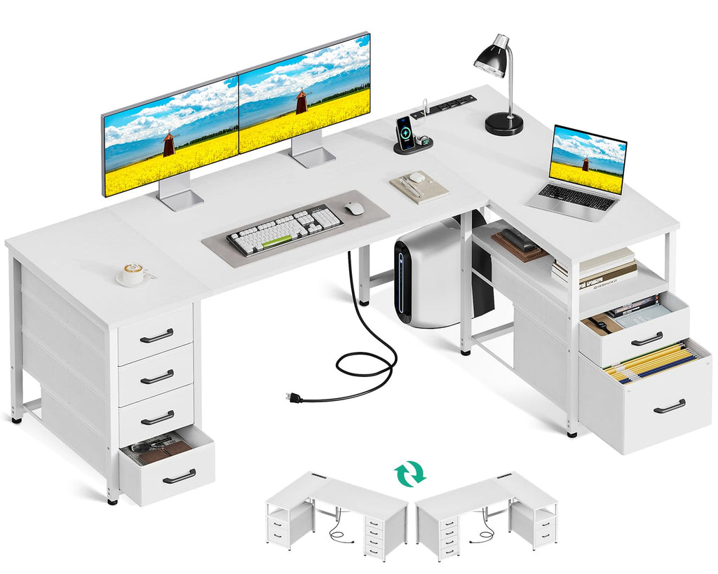 Coleshome L Shaped Computer Desk with 6 Drawers & Power Outlet, Corner Desk with Reversible Storage Shelf & File Drawer, Home Office Desk