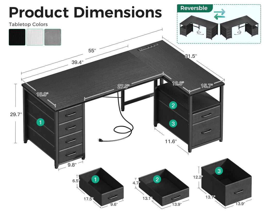 Coleshome L Shaped Computer Desk with 6 Drawers & Power Outlet, Corner Desk with Reversible Storage Shelf & File Drawer, Home Office Desk