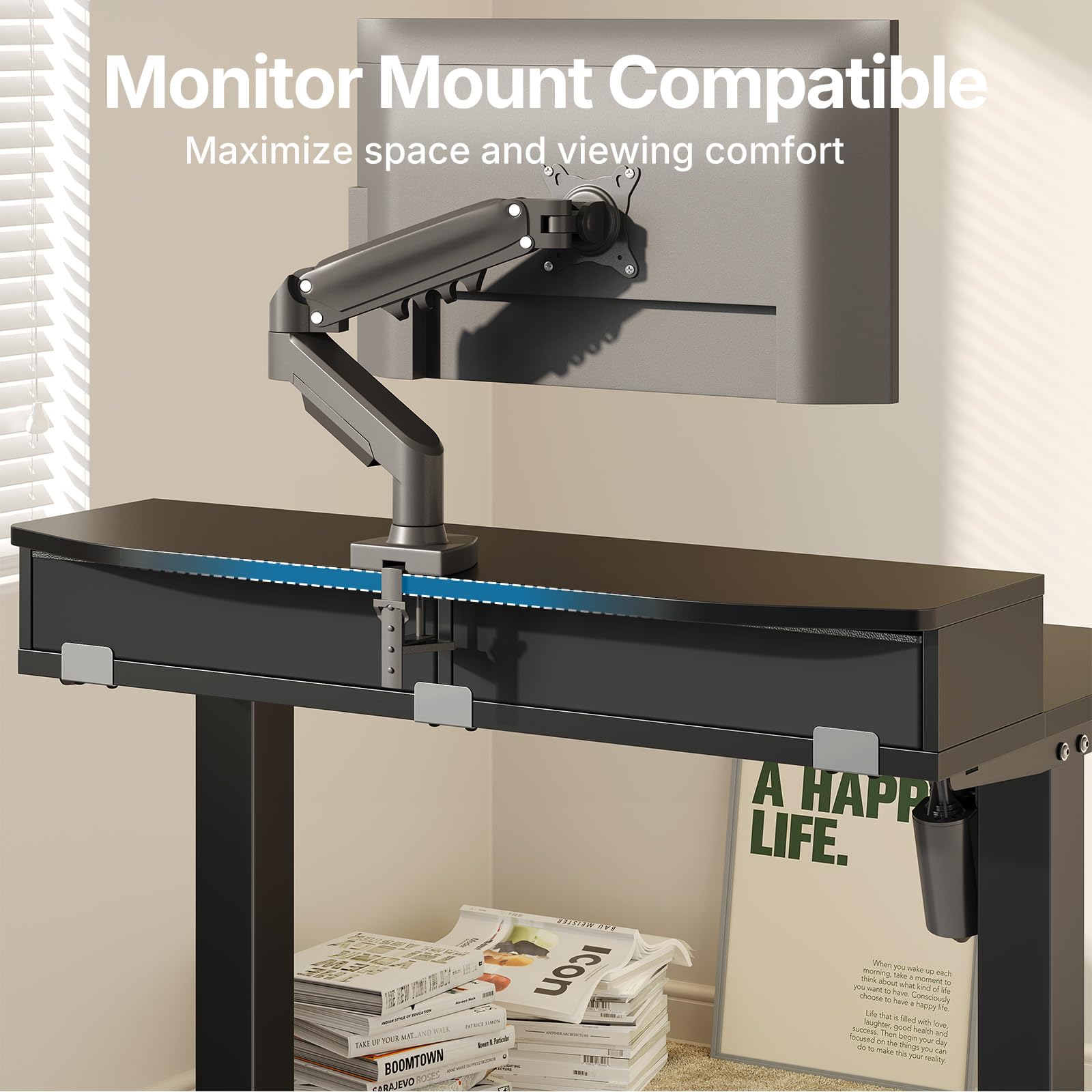 HUANUO Electric Standing Desk with 2 Drawers, C-Clamp Mount Compatible, Height Adjustable Computer Desk, Home Office Stand Up Desk with 4 Preset Heights & 2 Hooks