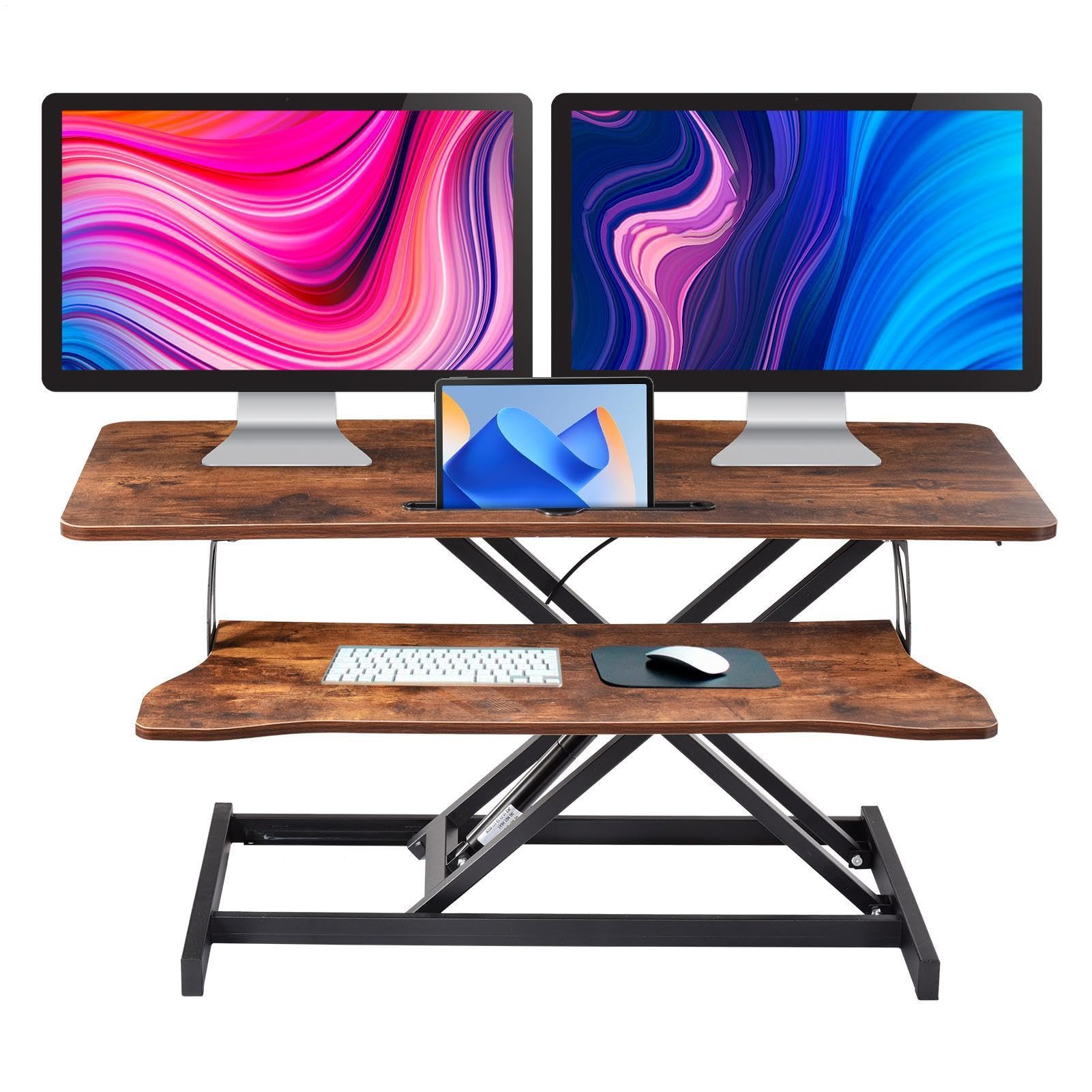 37" Desk Converter, Height Adjustable Stand Up Desk Converter, 2 Monitor Standing, Sit to Stand, Quick Sit to Tabletop, Riser Workstation with Wide Keyboard Tray