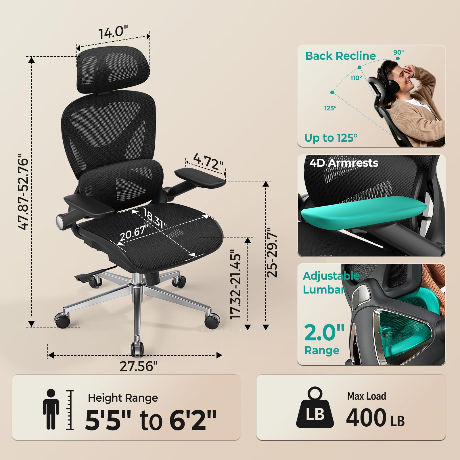 CAPOT Ergonomic Mesh Office Chair, Adjustable Lumbar High Back Desk Chair 400lbs, 4D Flip-up Arms, 3 Tilt Backrest, 3D Headrest, PU Wheels, Swivel Rolling Computer Seating for Long Desk Work